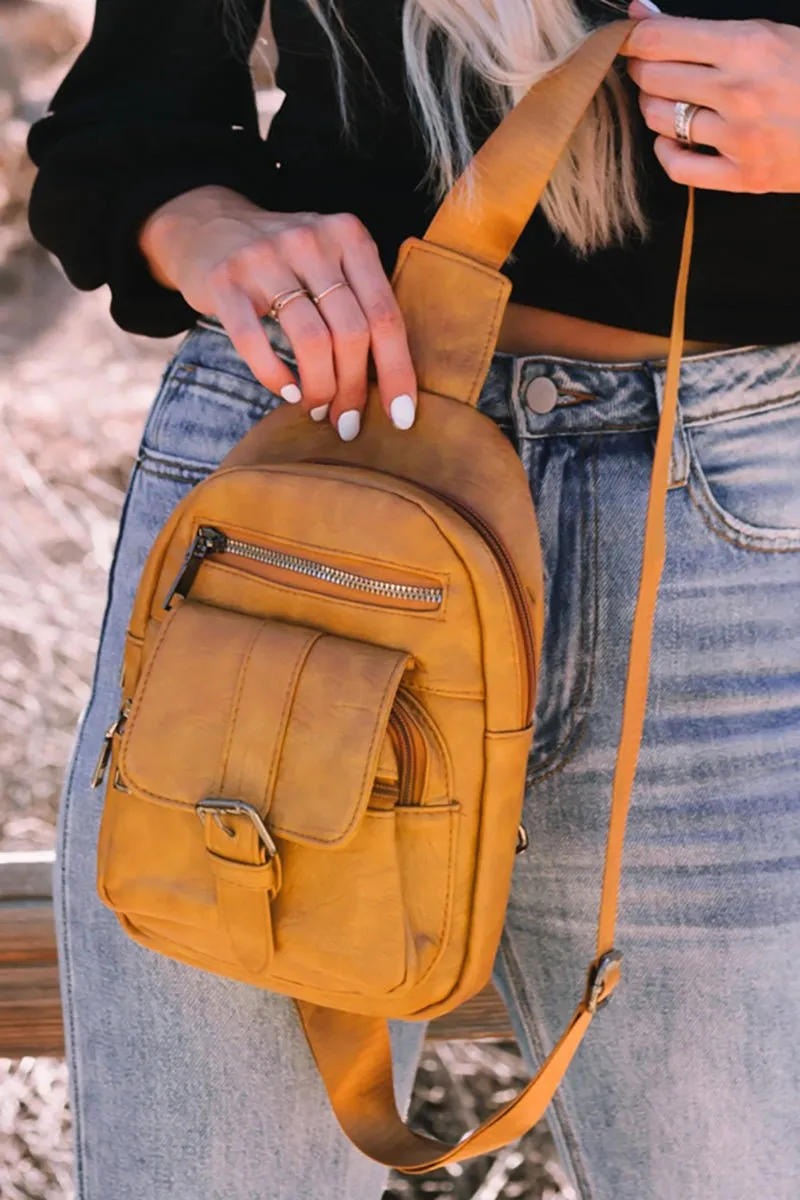 PREORDER! ETA 3/01 Khaki Faux Leather Multi Pocket Sling Bag  **SHIPPING EXPECTED TO BEGIN ON DATE 3/01**