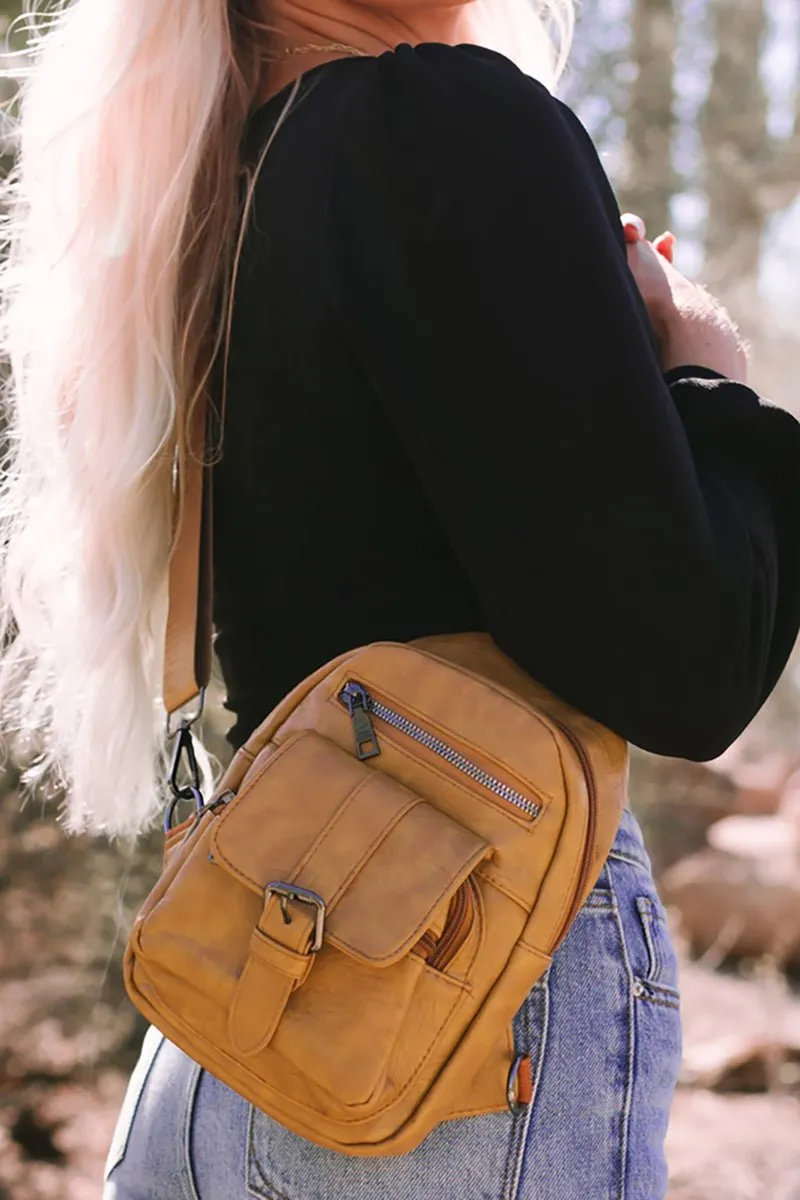 PREORDER! ETA 3/01 Khaki Faux Leather Multi Pocket Sling Bag  **SHIPPING EXPECTED TO BEGIN ON DATE 3/01**