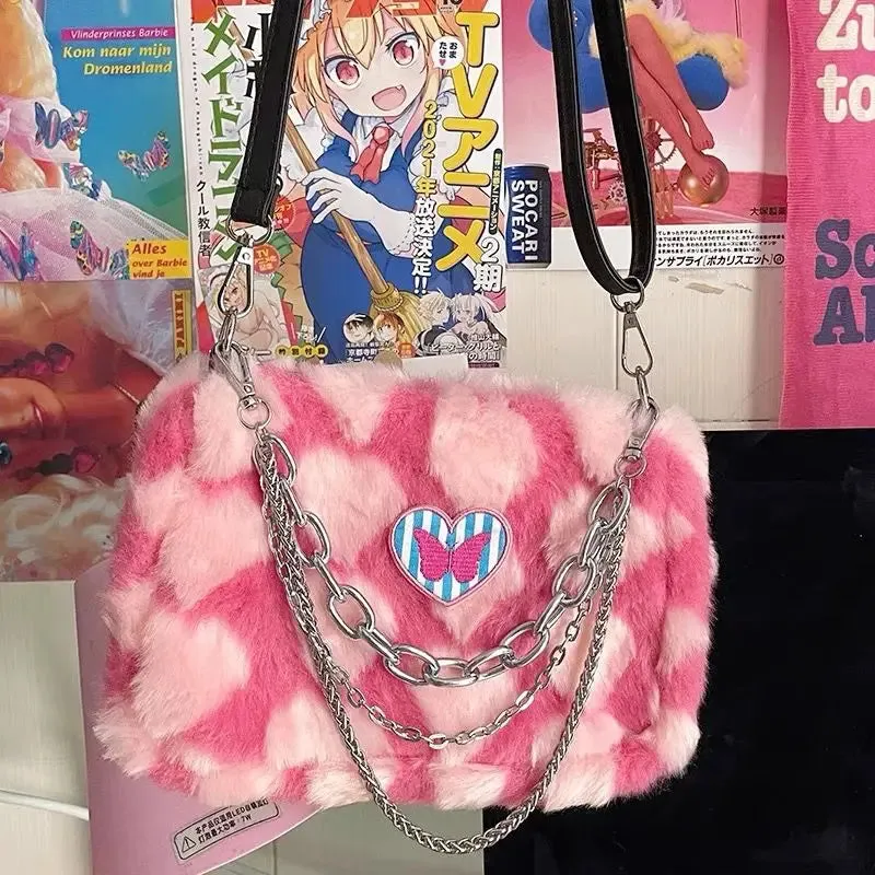 Sohiwoo Autumn Winter Plush Y2K Large Capacity Chain Retro Handbag Harajuku Wind Heart-shaped Shoulder Bag Woman Bag Purses