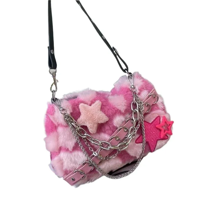 Sohiwoo Autumn Winter Plush Y2K Large Capacity Chain Retro Handbag Harajuku Wind Heart-shaped Shoulder Bag Woman Bag Purses