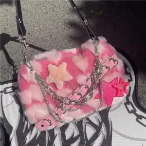 Sohiwoo Autumn Winter Plush Y2K Large Capacity Chain Retro Handbag Harajuku Wind Heart-shaped Shoulder Bag Woman Bag Purses
