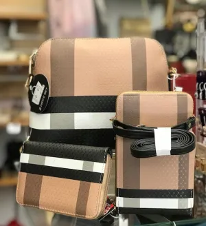 Sun small 2pc set stripe/tan handbag