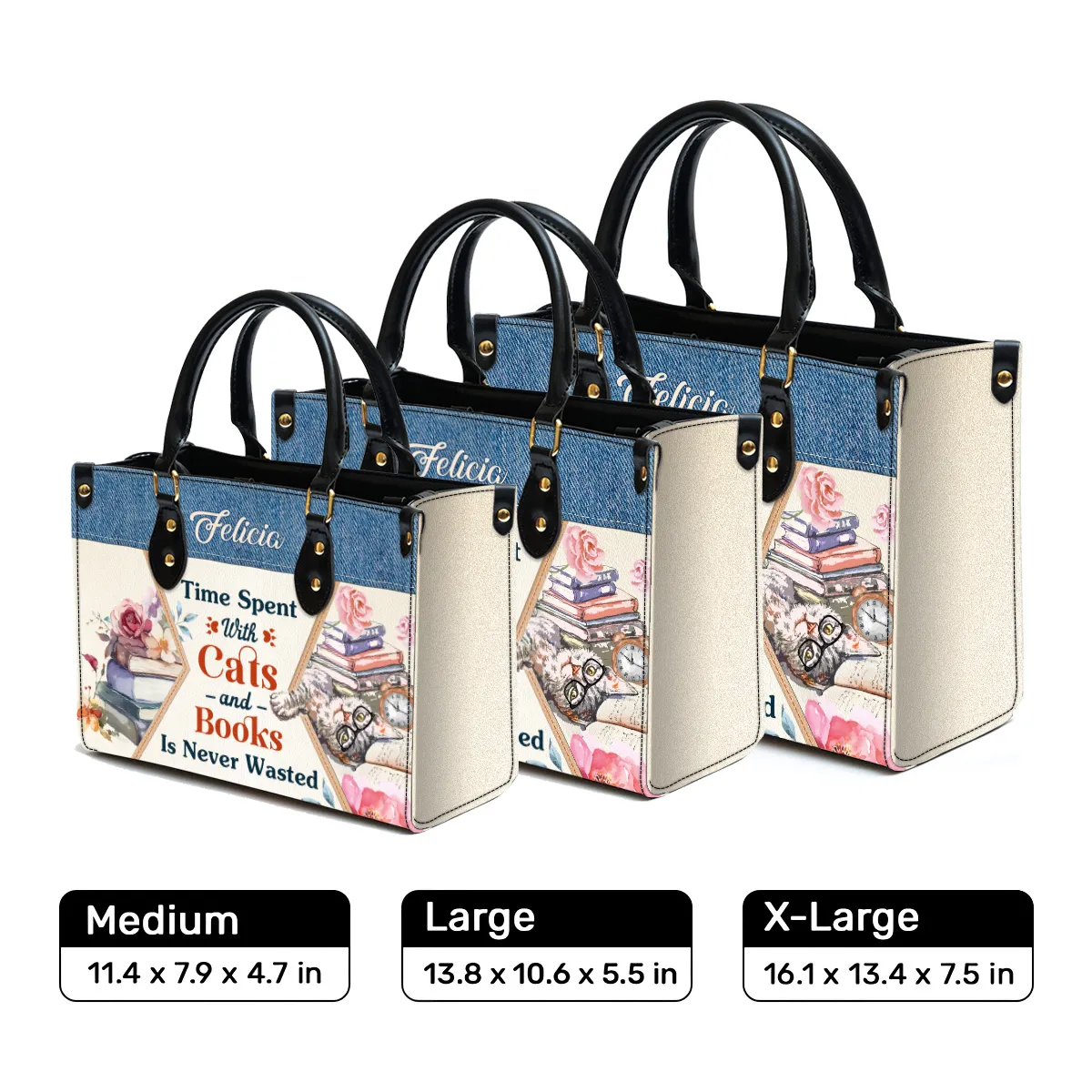 Time Spent With Books And Cats Is Never Wasted Leather Handbag Book Lovers Gift LHB79