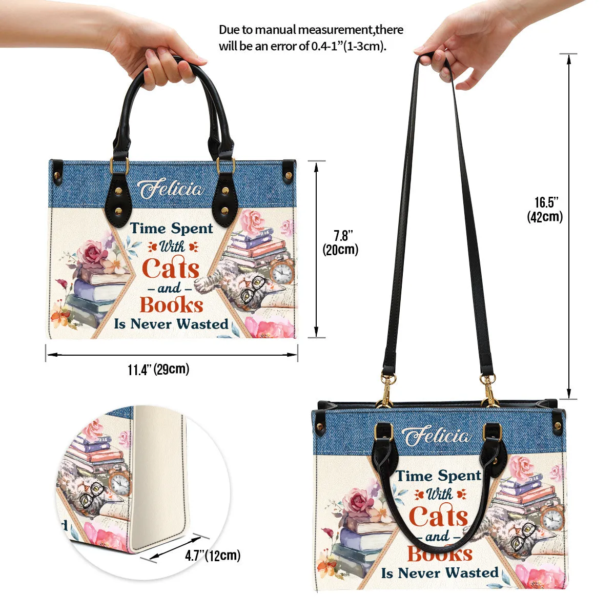 Time Spent With Books And Cats Is Never Wasted Leather Handbag Book Lovers Gift LHB79