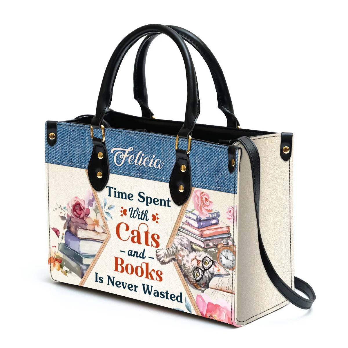 Time Spent With Books And Cats Is Never Wasted Leather Handbag Book Lovers Gift LHB79