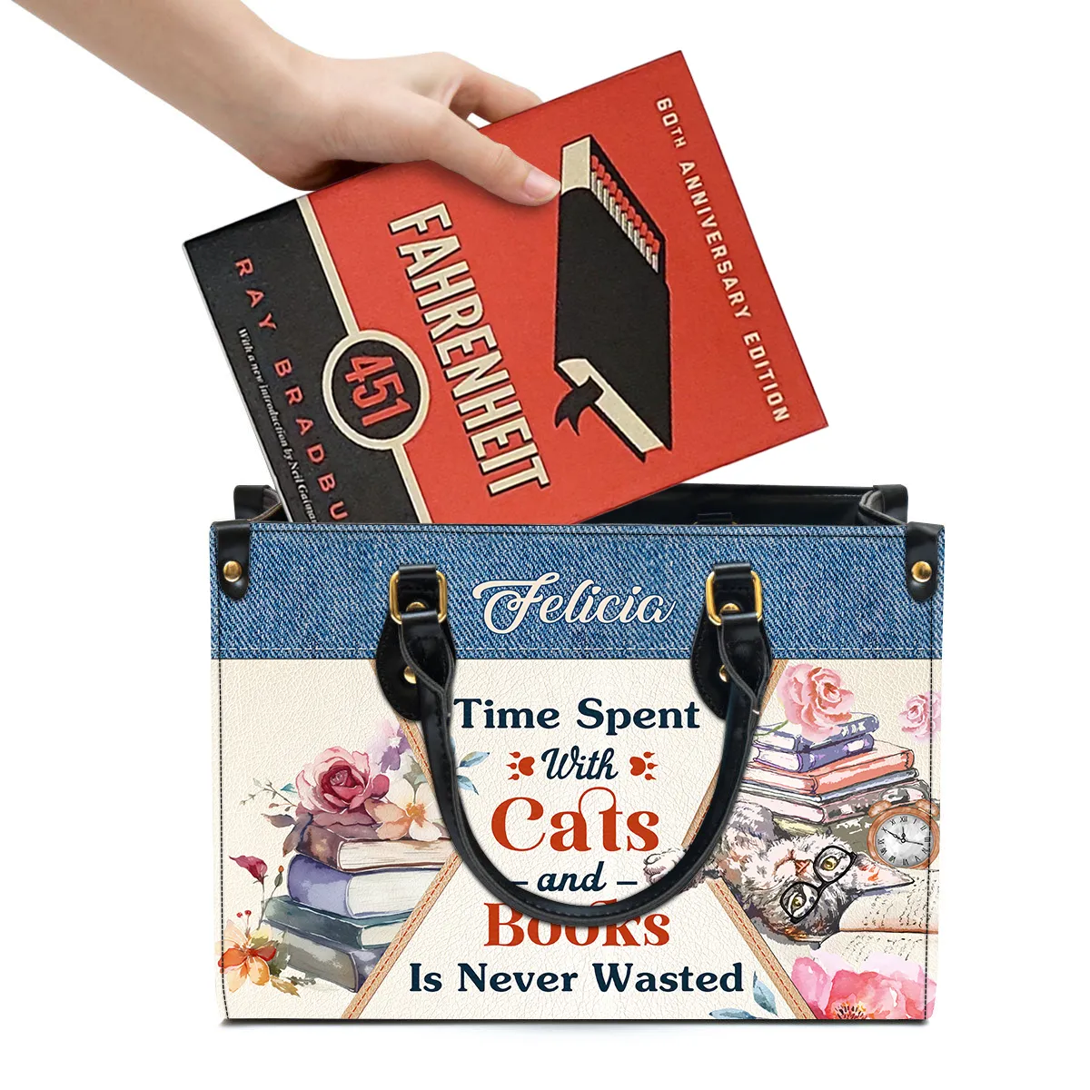 Time Spent With Books And Cats Is Never Wasted Leather Handbag Book Lovers Gift LHB79