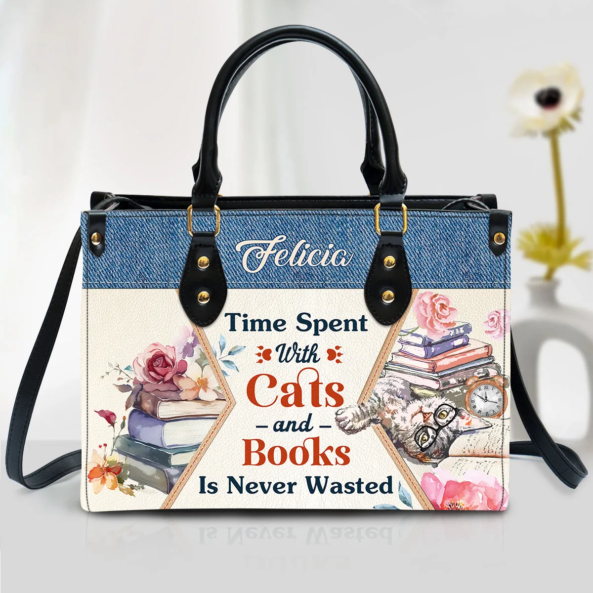 Time Spent With Books And Cats Is Never Wasted Leather Handbag Book Lovers Gift LHB79