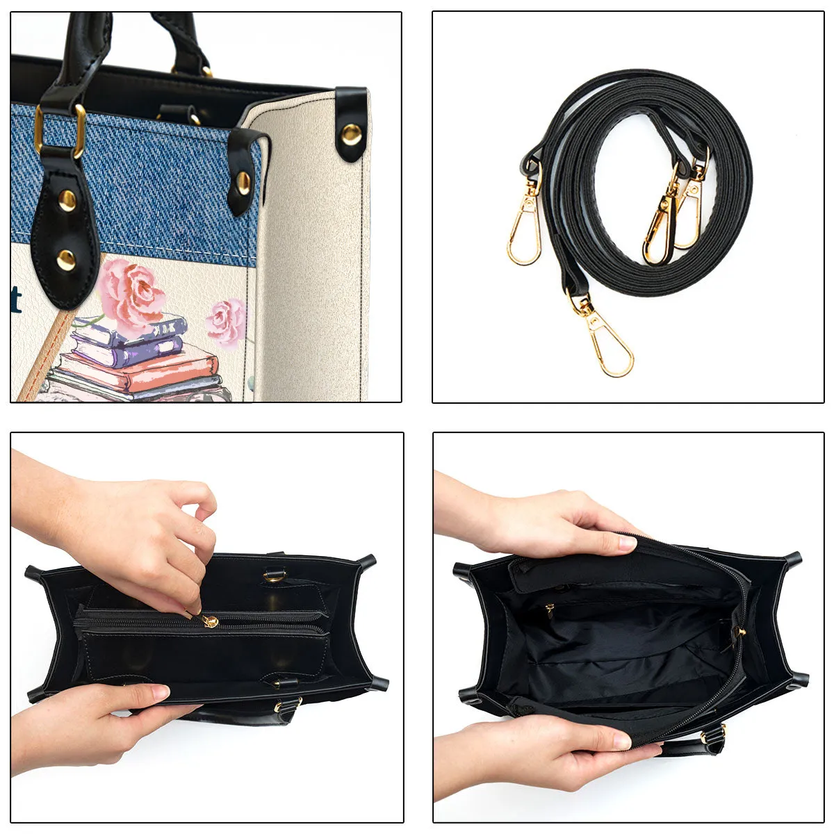 Time Spent With Books And Cats Is Never Wasted Leather Handbag Book Lovers Gift LHB79