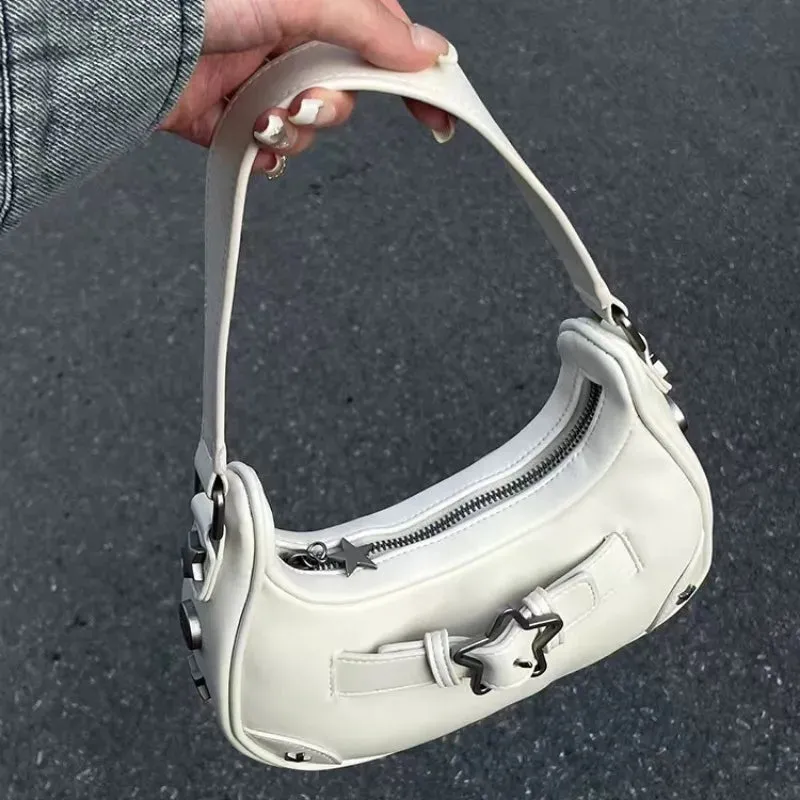 Uniwim Getadme Vintage Korean Casual Cute White Star Shoulder Underarm Tote Bag Ladies Sling Bags Leather Zip Purses  Handbags Women