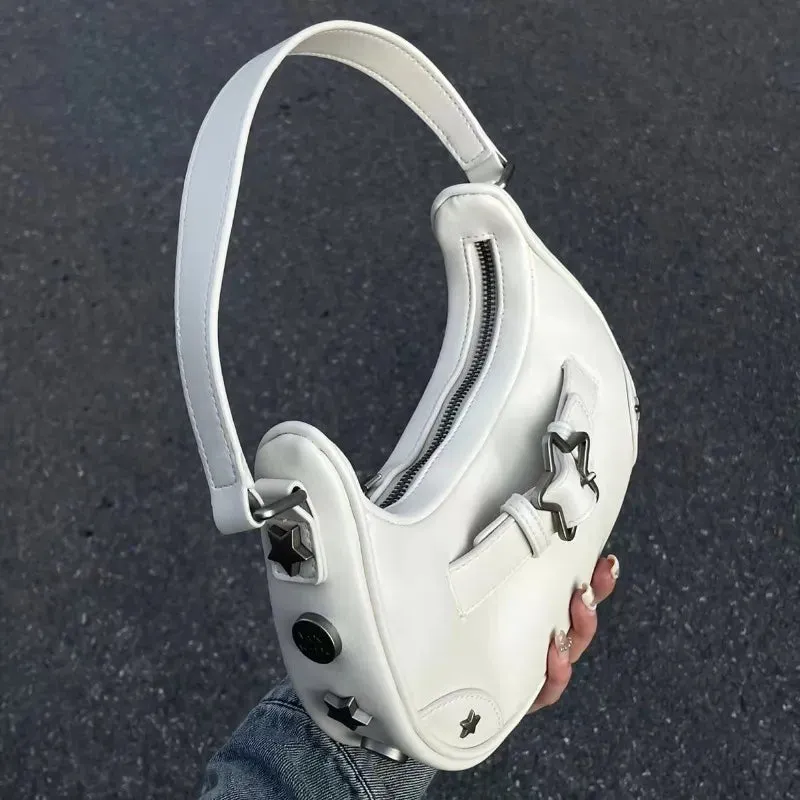 Uniwim Getadme Vintage Korean Casual Cute White Star Shoulder Underarm Tote Bag Ladies Sling Bags Leather Zip Purses  Handbags Women