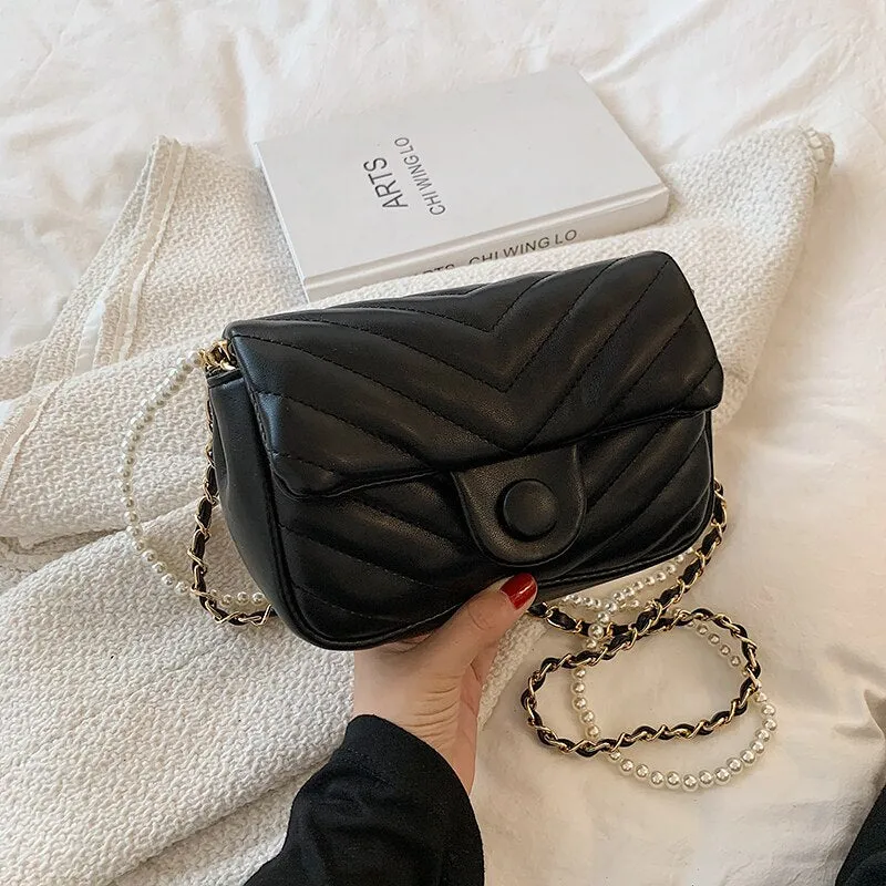 V Line Chain Beading Small PU Leather Crossbody Shoulder Bag for Women 2021 Trends Designer Summer Purses and Handbags