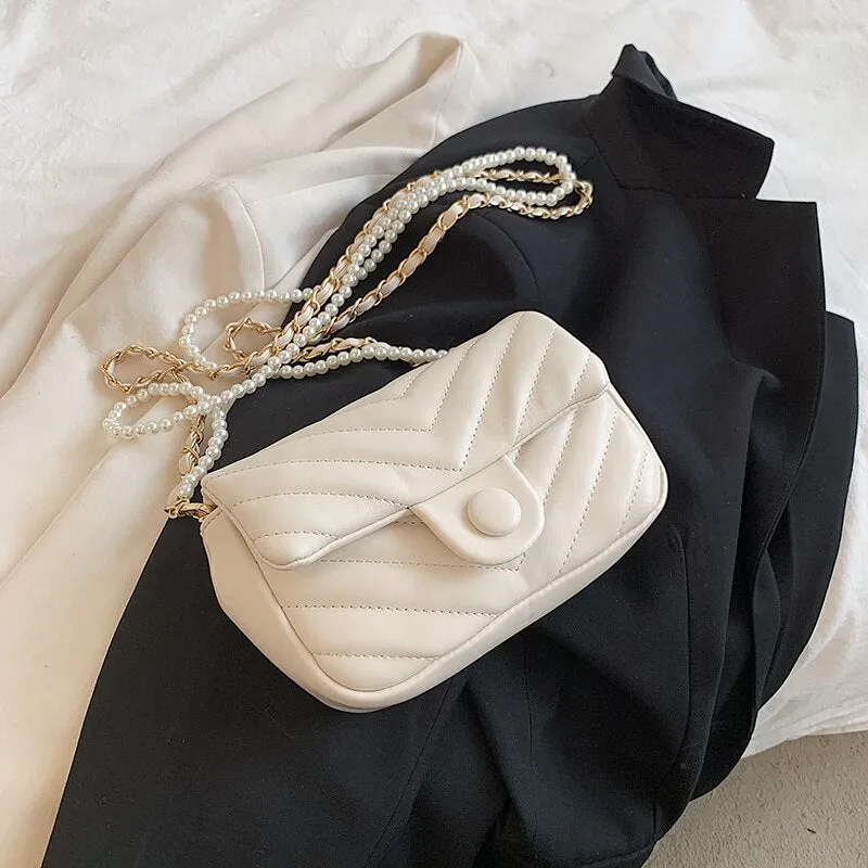 V Line Chain Beading Small PU Leather Crossbody Shoulder Bag for Women 2021 Trends Designer Summer Purses and Handbags