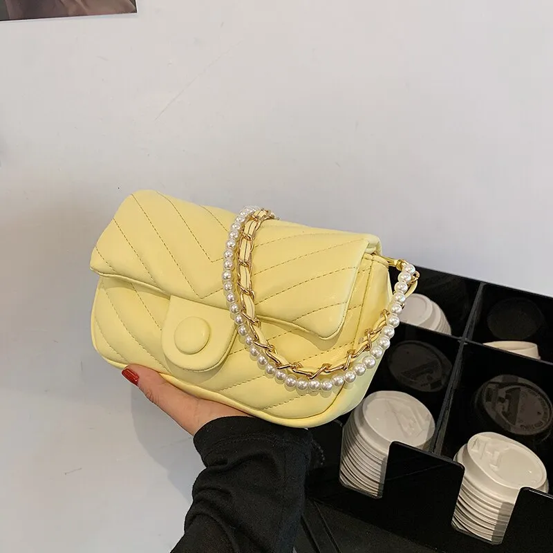 V Line Chain Beading Small PU Leather Crossbody Shoulder Bag for Women 2021 Trends Designer Summer Purses and Handbags