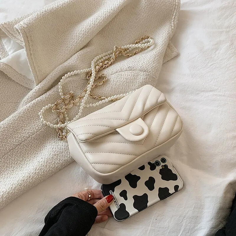 V Line Chain Beading Small PU Leather Crossbody Shoulder Bag for Women 2021 Trends Designer Summer Purses and Handbags