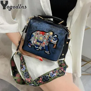 Vintage Embroidery Elephant Crossbody Bags Wide Butterfly Strap PU Leather Shoulder Messenger Bag Tote For Women Handbags Purses