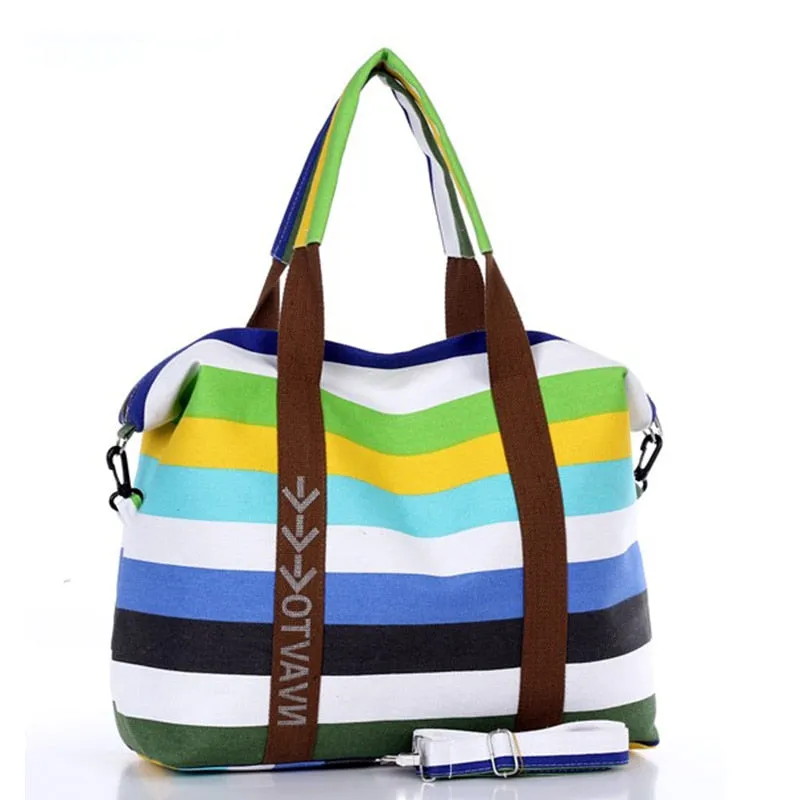 Women Canvas Hangbag Female Shoulder Bags Ladies Beach Stripe Bag