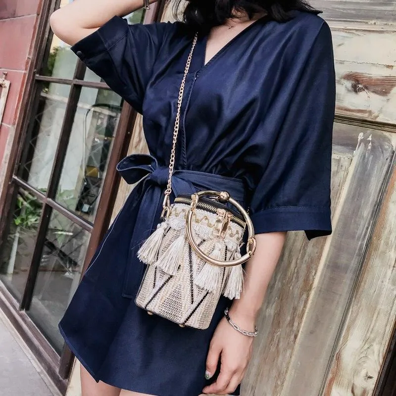 Women Cylindrical Straw Bag Mini Tassel Crossbody Bags Chain Woven Metal Ring Handle Small Shoulder Tote Handbag