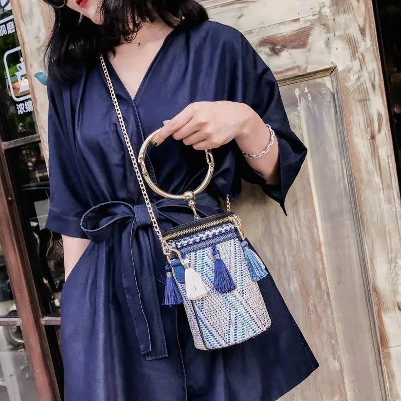 Women Cylindrical Straw Bag Mini Tassel Crossbody Bags Chain Woven Metal Ring Handle Small Shoulder Tote Handbag