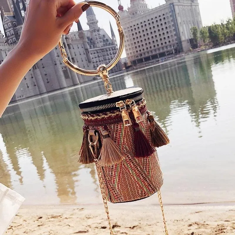 Women Cylindrical Straw Bag Mini Tassel Crossbody Bags Chain Woven Metal Ring Handle Small Shoulder Tote Handbag