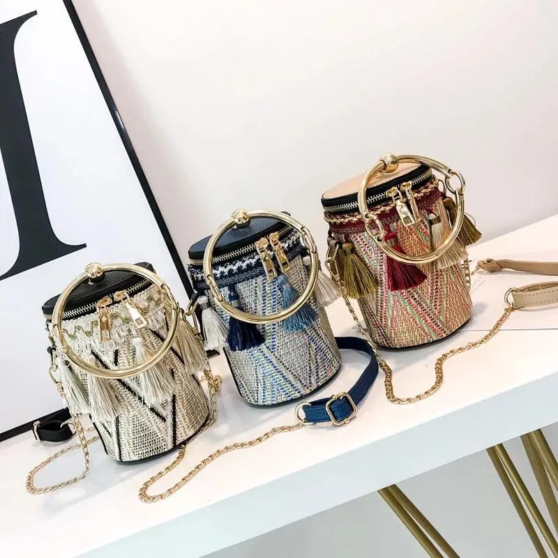 Women Cylindrical Straw Bag Mini Tassel Crossbody Bags Chain Woven Metal Ring Handle Small Shoulder Tote Handbag
