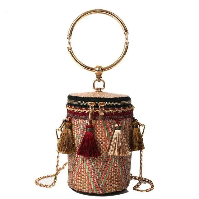 Women Cylindrical Straw Bag Mini Tassel Crossbody Bags Chain Woven Metal Ring Handle Small Shoulder Tote Handbag