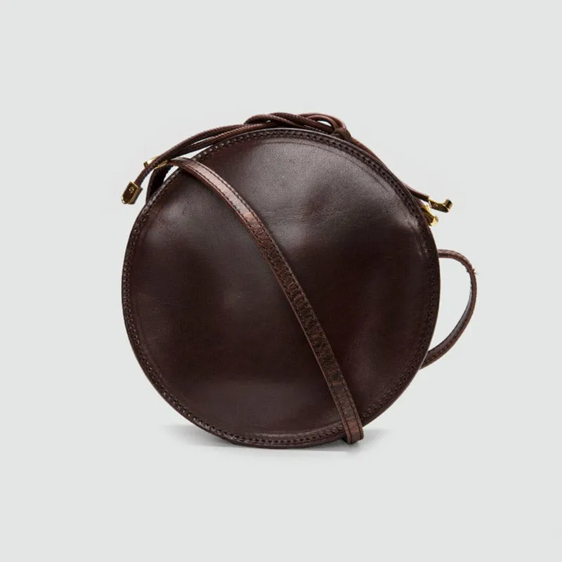 Womens Round Tan Leather Crossbody Bag Circle Bag Purse Shoulder Bag