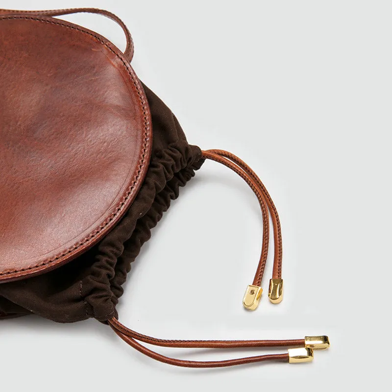 Womens Round Tan Leather Crossbody Bag Circle Bag Purse Shoulder Bag