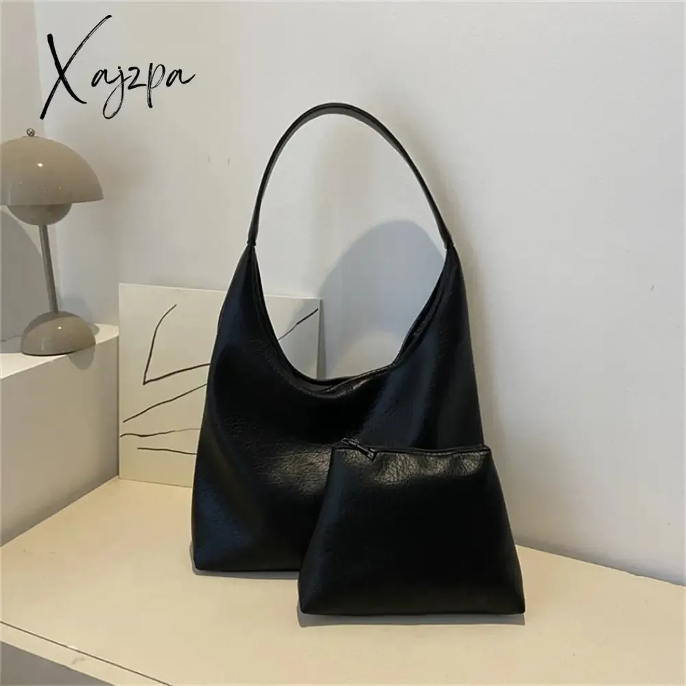Xajzpa - 2 Sets Large Casual Totes Bag Soft PU Leahter Shoulder Side Bags for Women Fashion Laides Travel Purses and Handbags Luxury New
