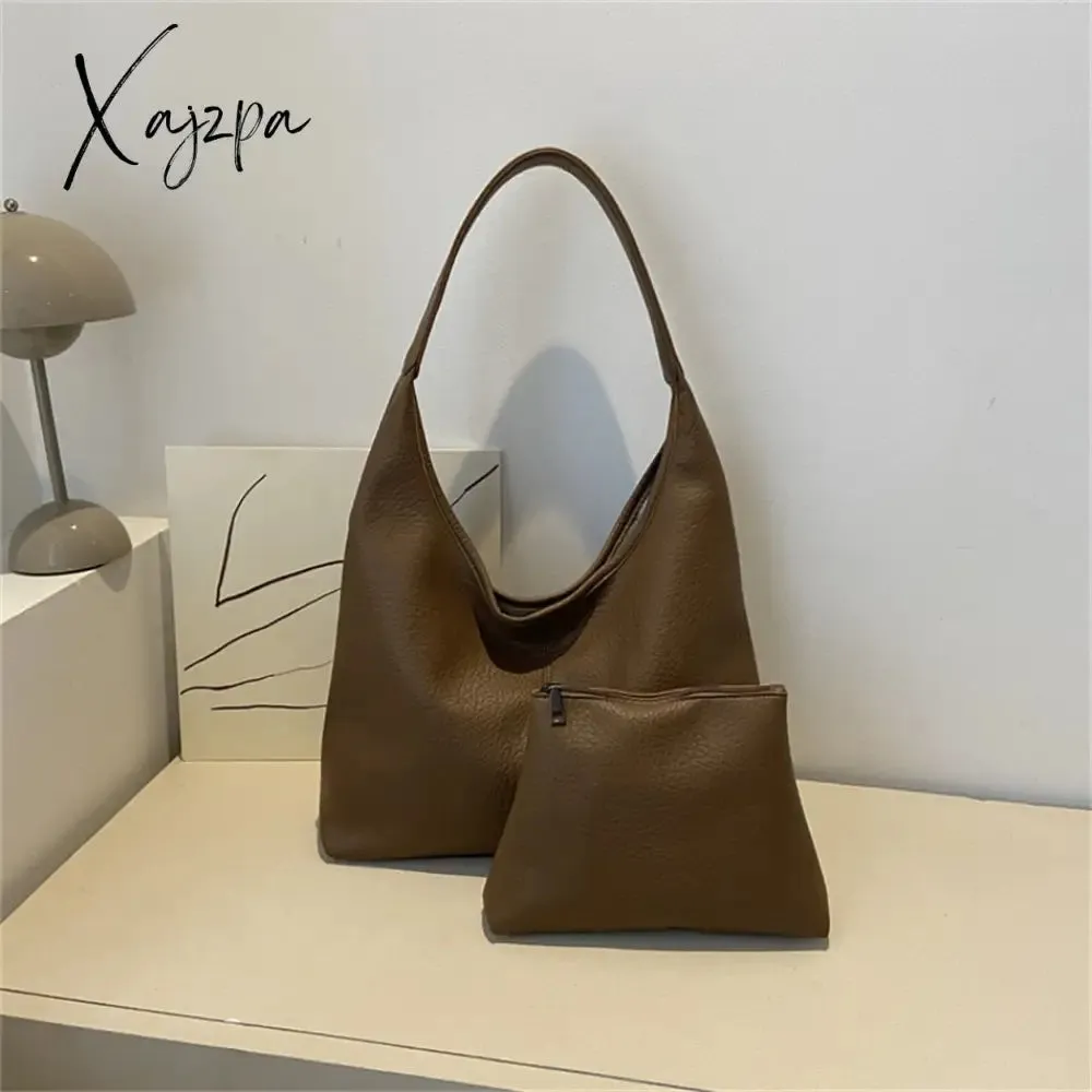 Xajzpa - 2 Sets Large Casual Totes Bag Soft PU Leahter Shoulder Side Bags for Women Fashion Laides Travel Purses and Handbags Luxury New