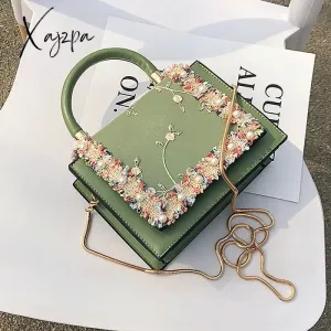 Xajzpa - Vintage Flower Lace Handbags Women's Crossbody Bags Fashion Gold Chain Ladies Messenger Bag Evening Clutch Female Purses